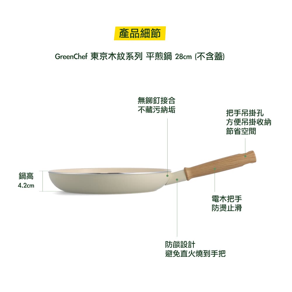 GREEN PAN GREEN CHEF 東京木紋 平煎鍋 奶油白 不沾鍋 28cm 
