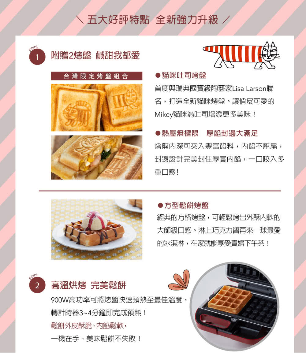 Vitantonio 多功能計時鬆餅機 小V Lisa Larson 多功能計時鬆餅機(熱情紅貓咪) 熱壓吐司