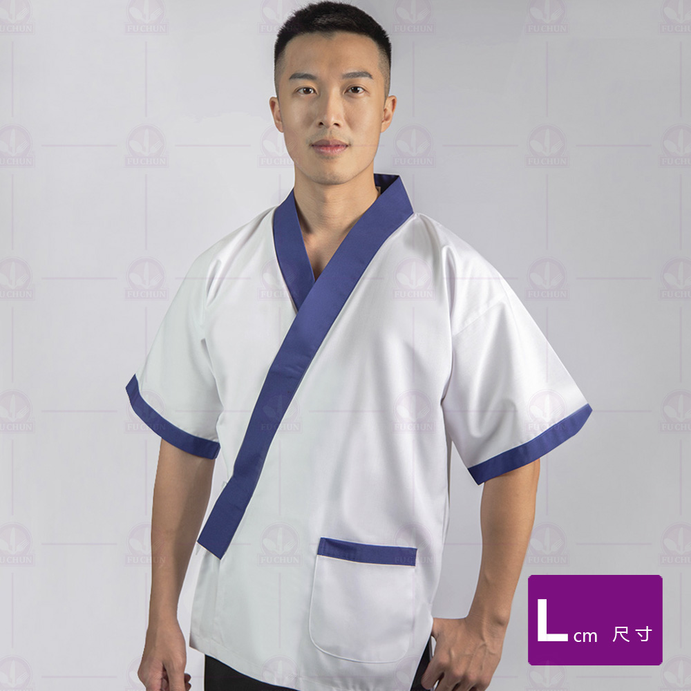 A201日式廚師服 白配藍肩帶 L
