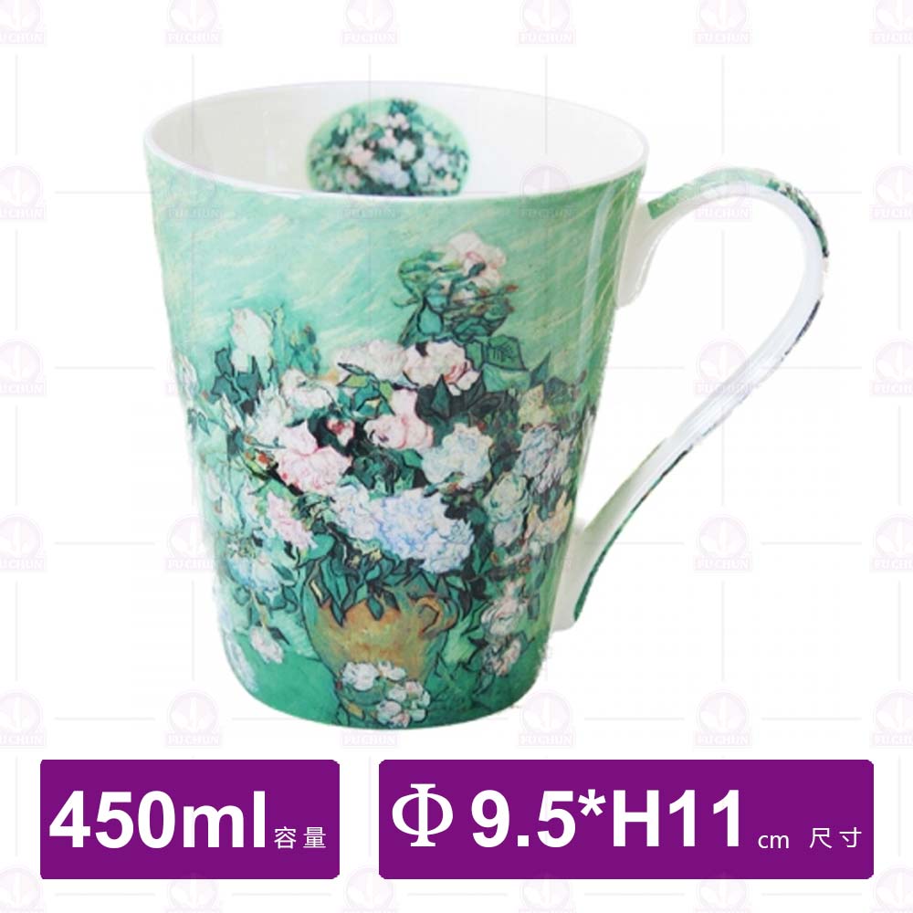 梵谷油畫 骨瓷馬克杯(白玫瑰)-450ml