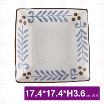 手繪圖滕6.5吋荷口四方盤-17.4x17.4xH3.6cm