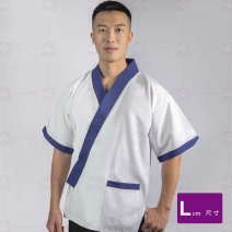 A201日式廚師服 白配藍肩帶 L