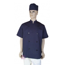 A133藍色中山領雙排扣短袖廚師服  2L
