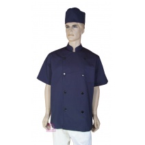 A133藍色中山領雙排扣短袖廚師服  3L
