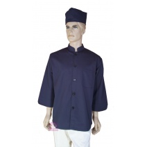 A158藍色中山領單排扣七分袖廚師服 2L